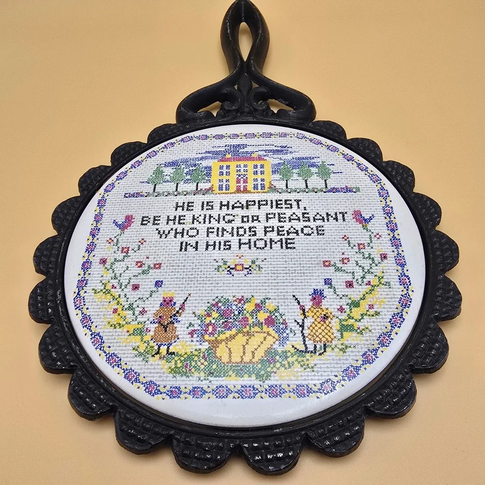 Vintage Cast Iron Trivet‎ Ceramic Insert Home Quote Cross Stitch Style Black